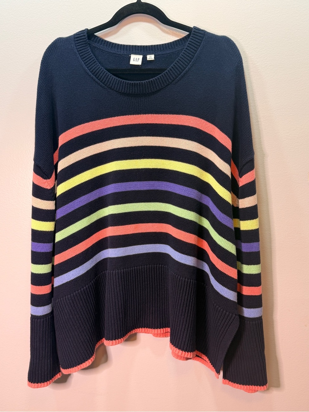 GAP Navy Oversized Crewneck Sweater with Multicolor Stripes